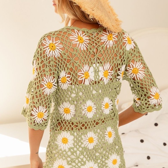 BiBi Tops - FLORAL SHORT SLEEVE CROCHET TOP BOHEMIAN STYLE BLOUSE BY BiBi